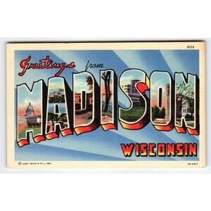 Greetings From Madison Wisconsin Large Big Letter Postcard Curt Teich Vintage